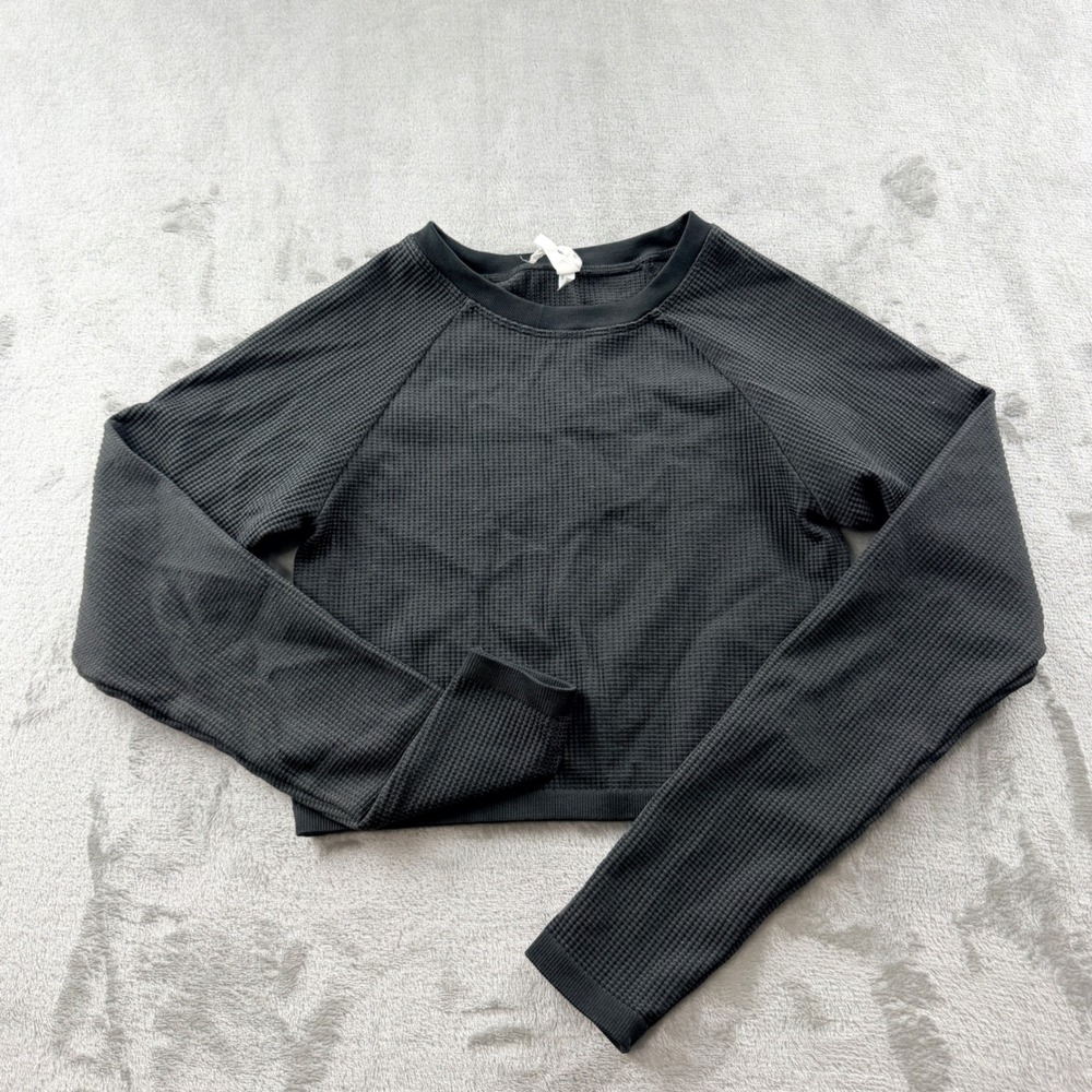 OFFLINE by Aerie Women's Small Waffle Knit Cropped Long Sleeve Top Black